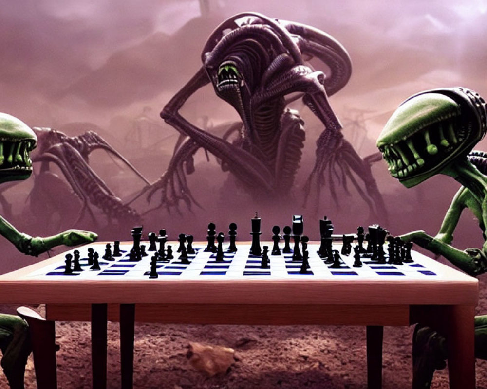 Alien figures playing chess with looming creature in extraterrestrial landscape