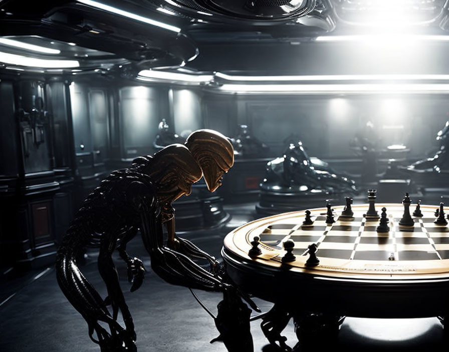 Biomechanical alien creature in futuristic room with chessboard