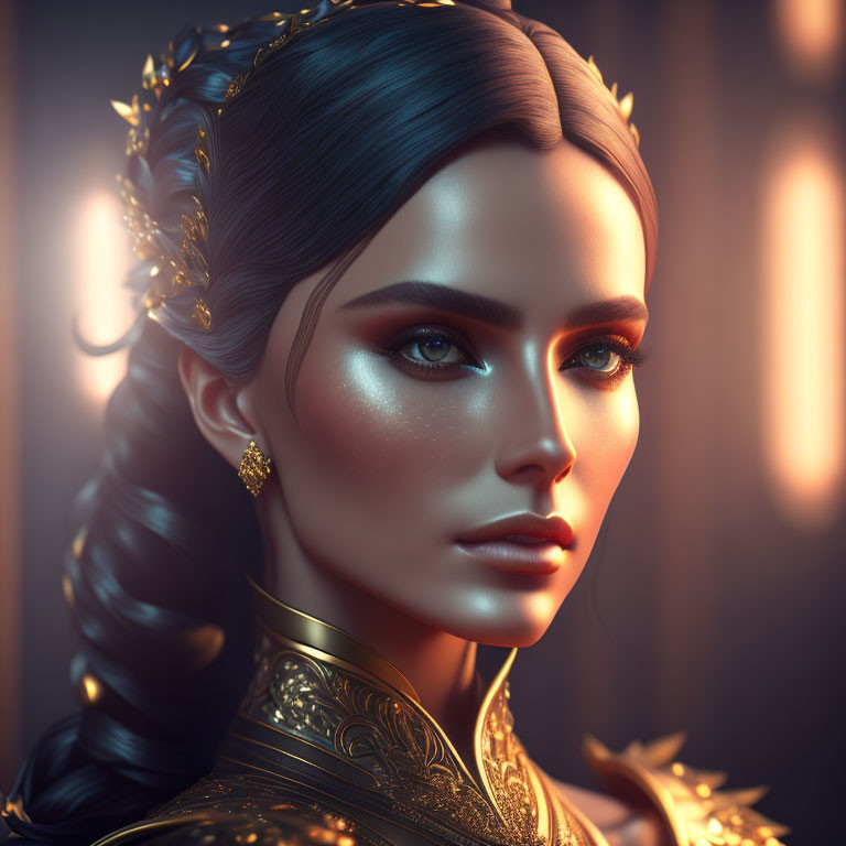 Detailed 3D illustration of woman with braided hairstyle, gold leaf headpiece, shimmering makeup