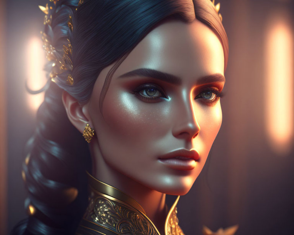 Detailed 3D illustration of woman with braided hairstyle, gold leaf headpiece, shimmering makeup