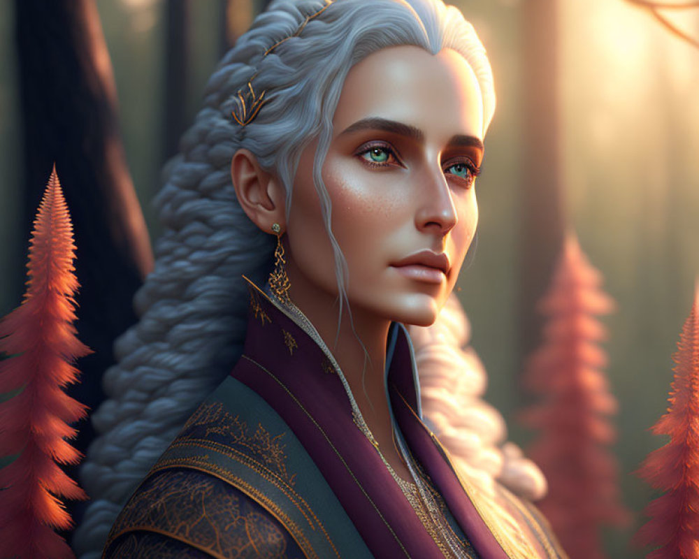 Elven figure with white hair and golden jewelry in forest scenery
