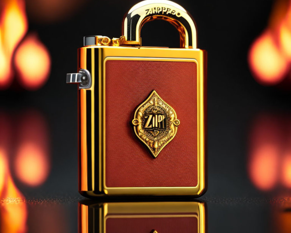 Golden-Red Zippo Lighter with Ornate Crest on Dark Background