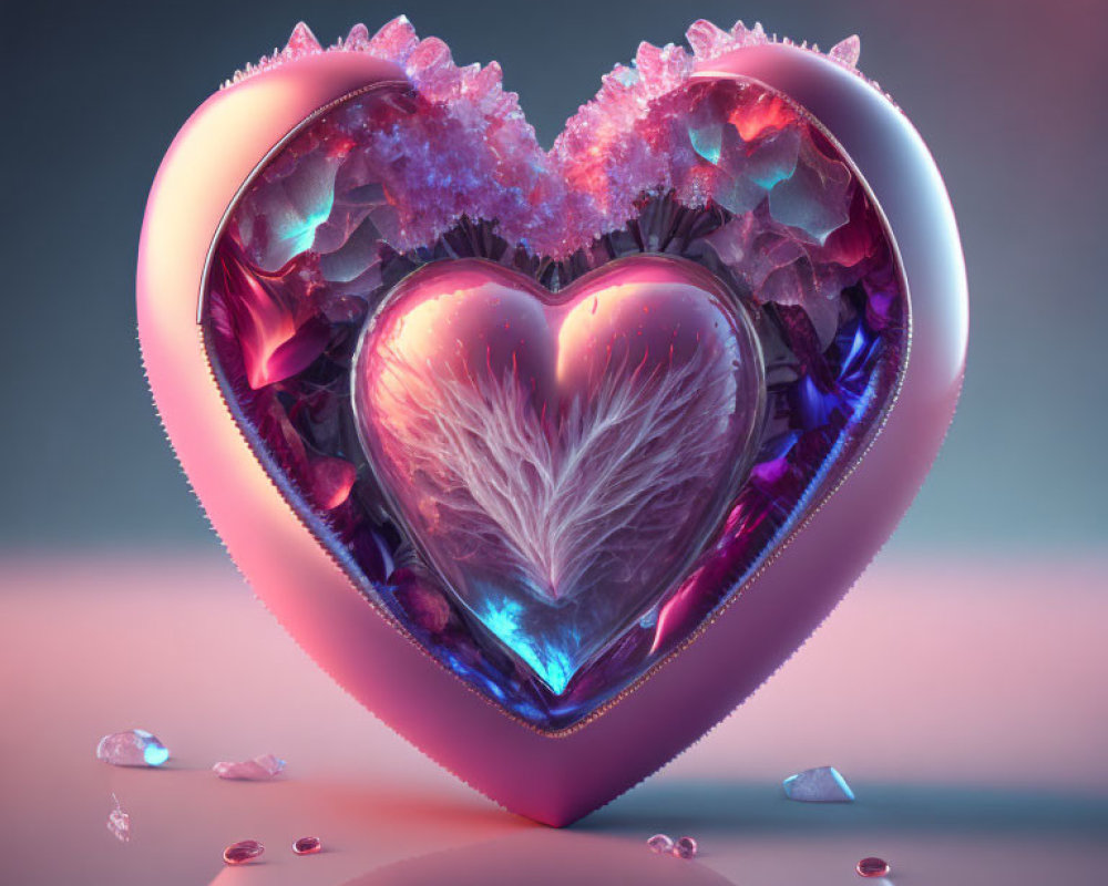 3D-rendered nested heart shapes with crystal texture and feather, on gradient background