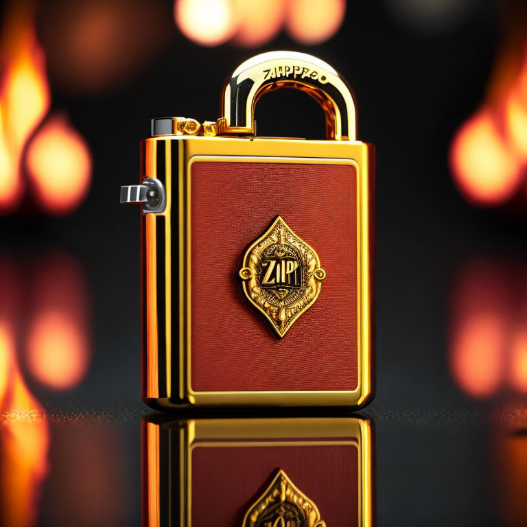 Golden-Red Zippo Lighter with Ornate Crest on Dark Background