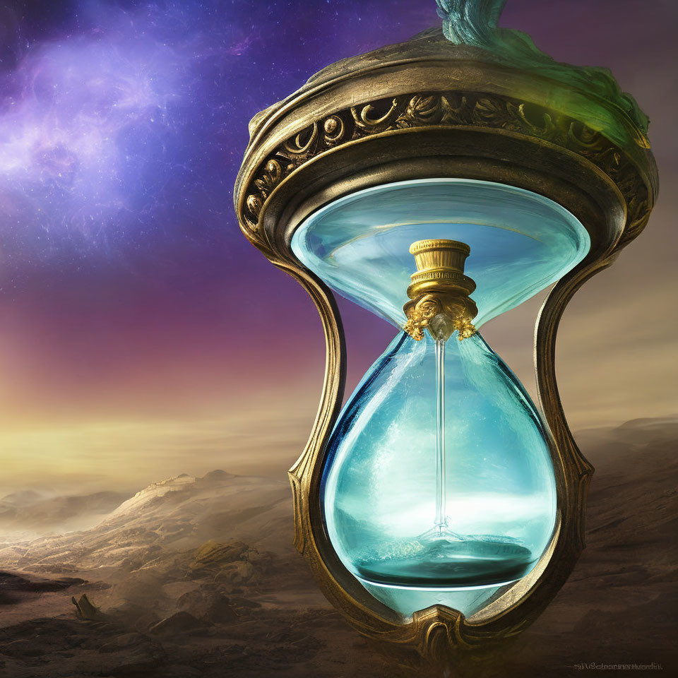 Blue sand ornate hourglass on mystical sky and rocky terrain