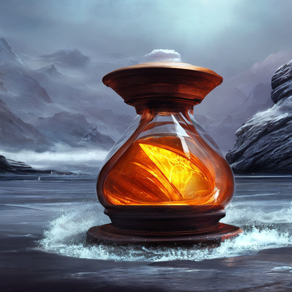 Glowing hourglass on frozen surface with swirling water, snowy mountains, cloudy sky