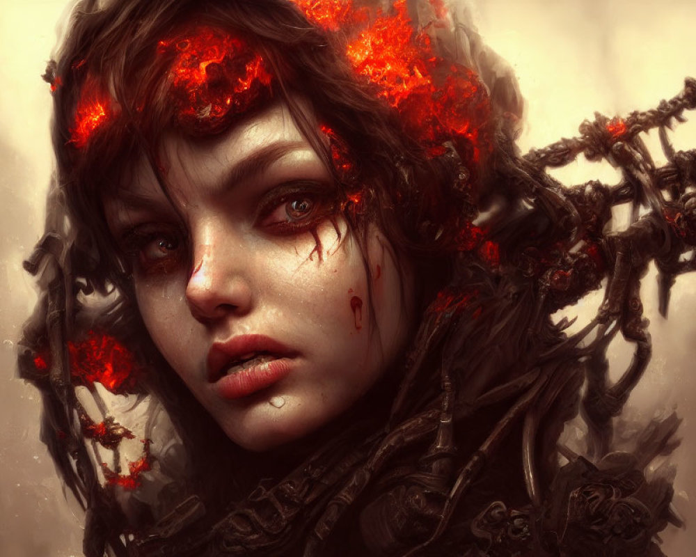 Woman with ethereal eyes crowned with glowing embers and branches in misty setting