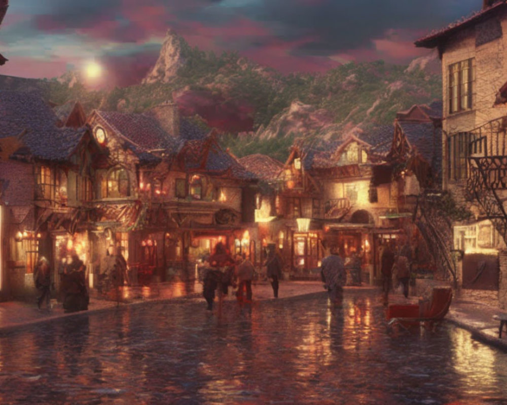European-style village at dusk with cobblestone streets, warm lights, people, and mountain backdrop