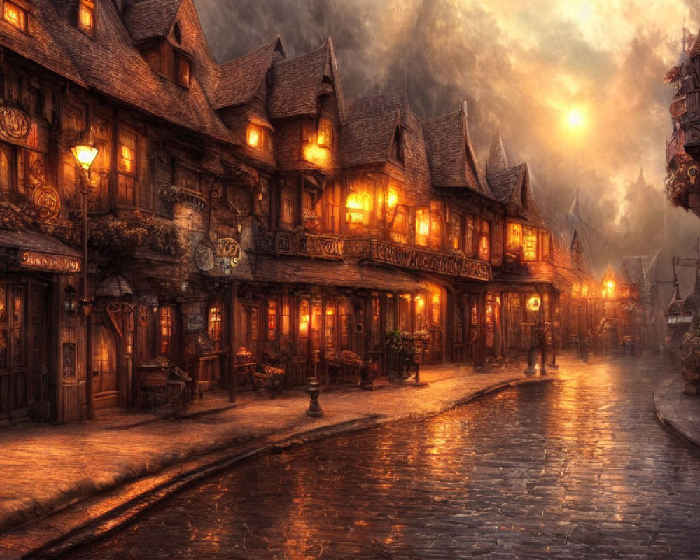 Historic cobblestone street with old-fashioned buildings and warm glowing lights