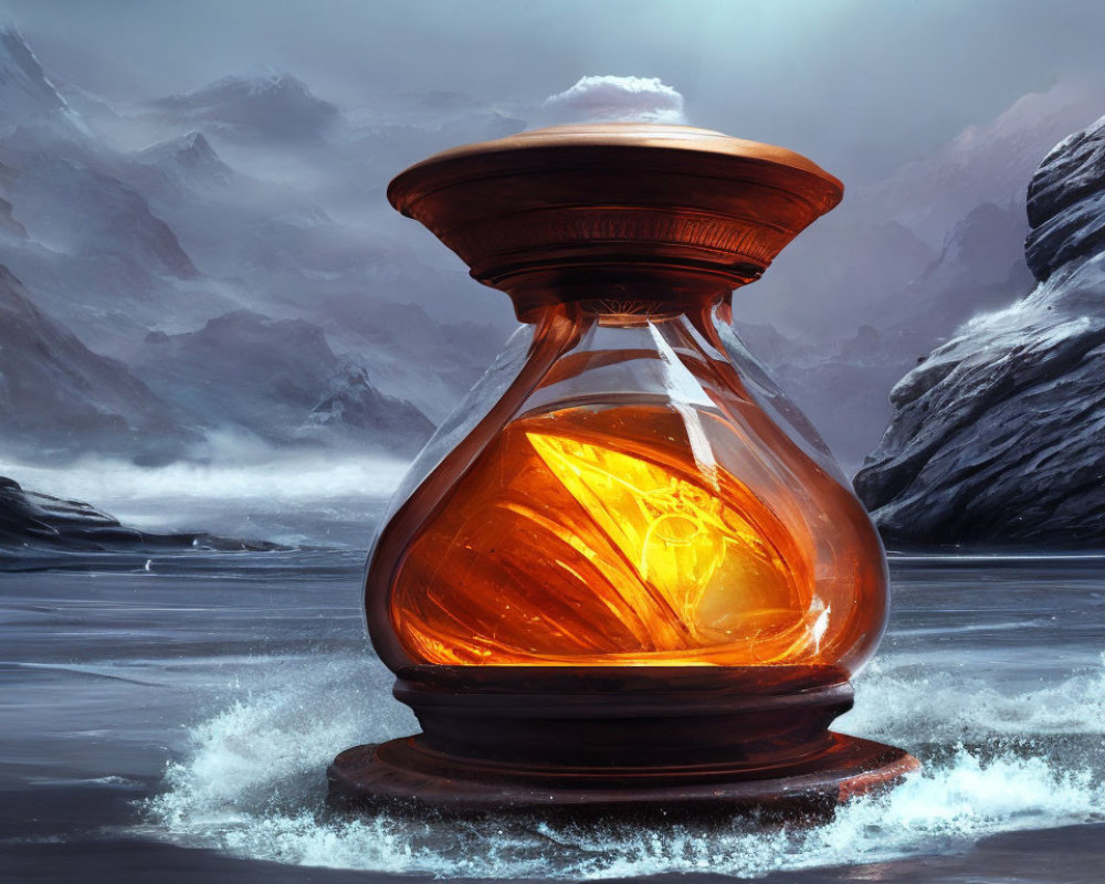 Glowing hourglass on frozen surface with swirling water, snowy mountains, cloudy sky