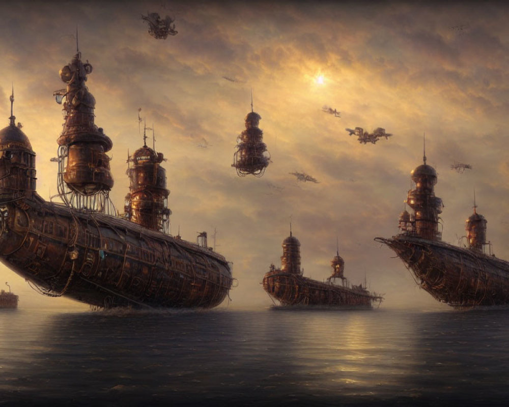 Fantastical steampunk airships over tranquil sea under cloudy sky
