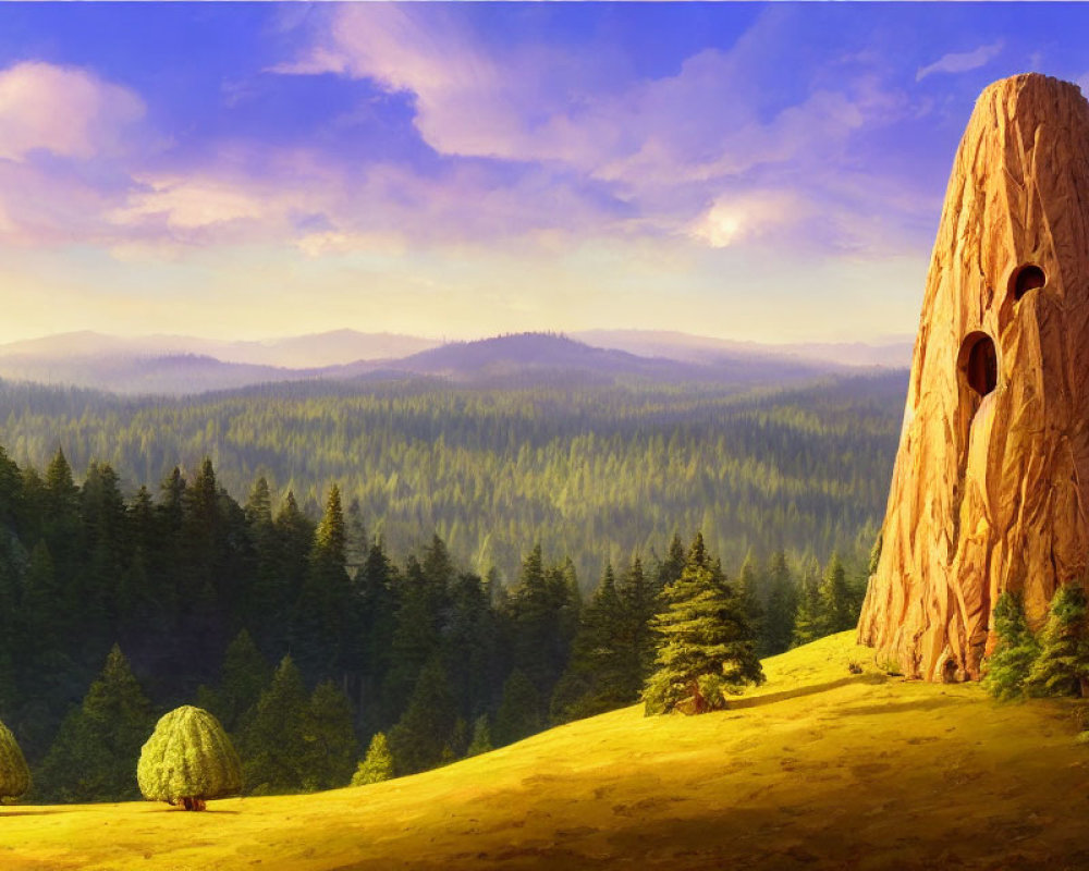 Scenic landscape with tall rock formation and lush forests