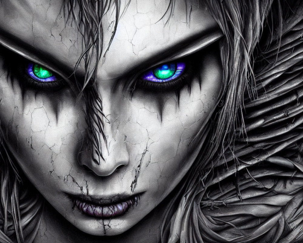 Mystical female figure with intense blue eyes and feathers in digital artwork