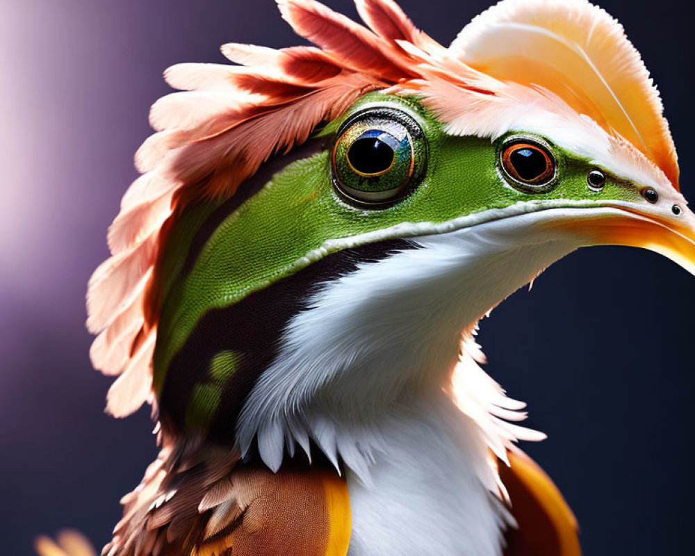 Digital artwork of creature with bird's beak and frog-like eyes on dark background