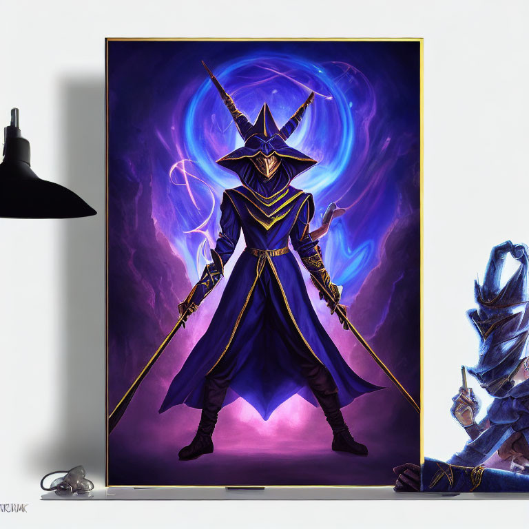 Fantasy artwork of robed figure with staff in purple magical setting