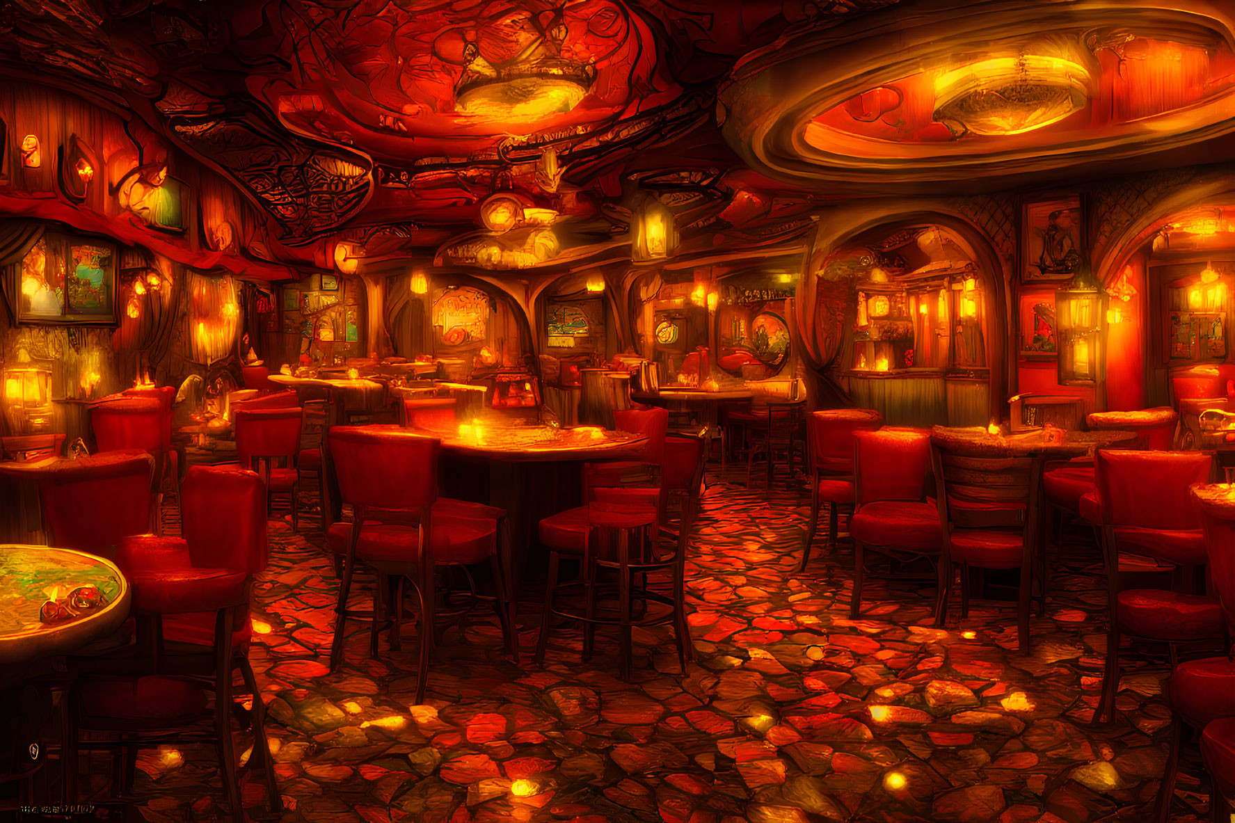 Cozy Fantasy Tavern Interior with Red Chairs and Wooden Tables