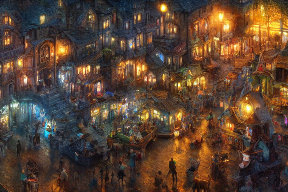 Medieval marketplace at dusk with lanterns, cobblestone streets, merchants, shoppers, and carts