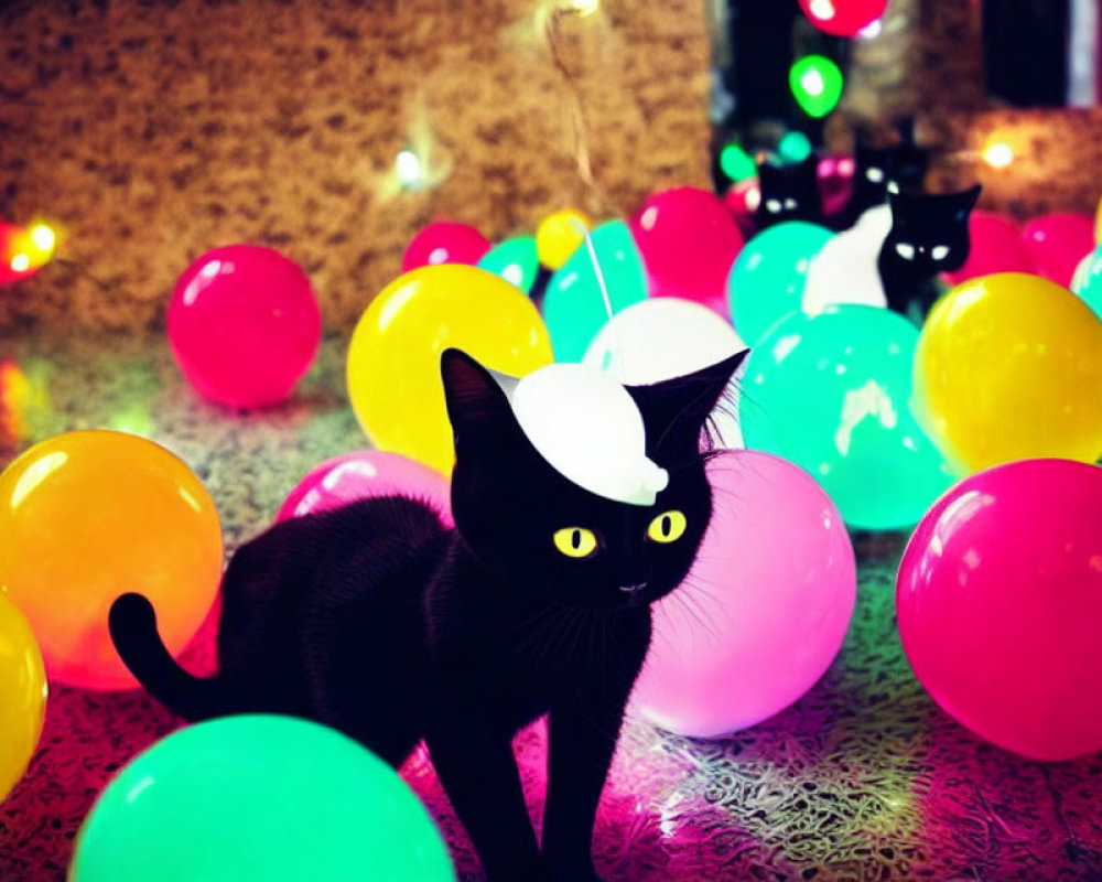 Black Cat with Yellow Eyes Among Colorful Balloons and Festive Lights