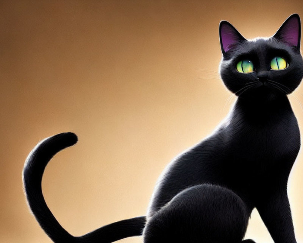 Animated black cat with green eyes on warm brown background