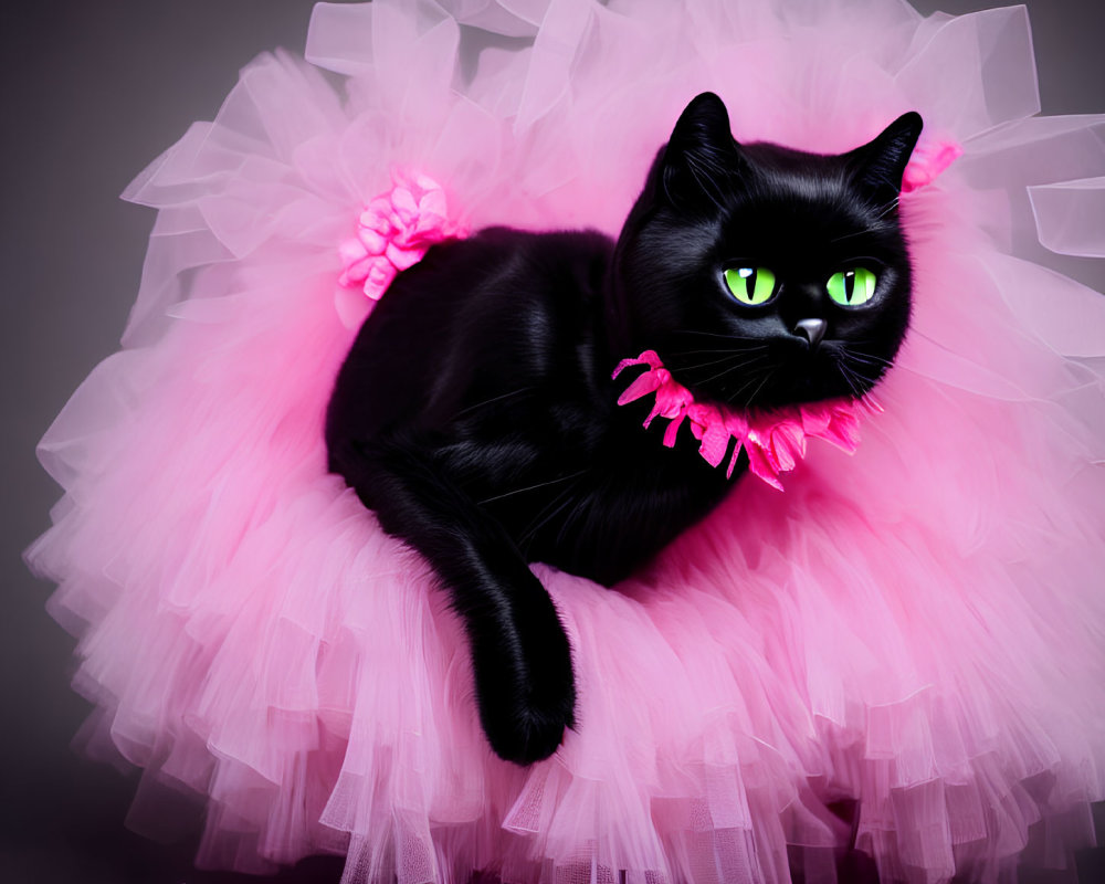 Black Cat with Green Eyes in Pink Tutu and Flower Collar on Dark Background