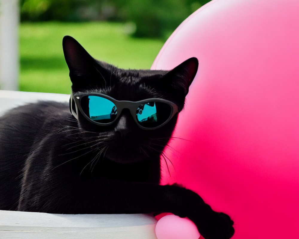 Black Cat with Sunglasses and Pink Balloon on White Surface