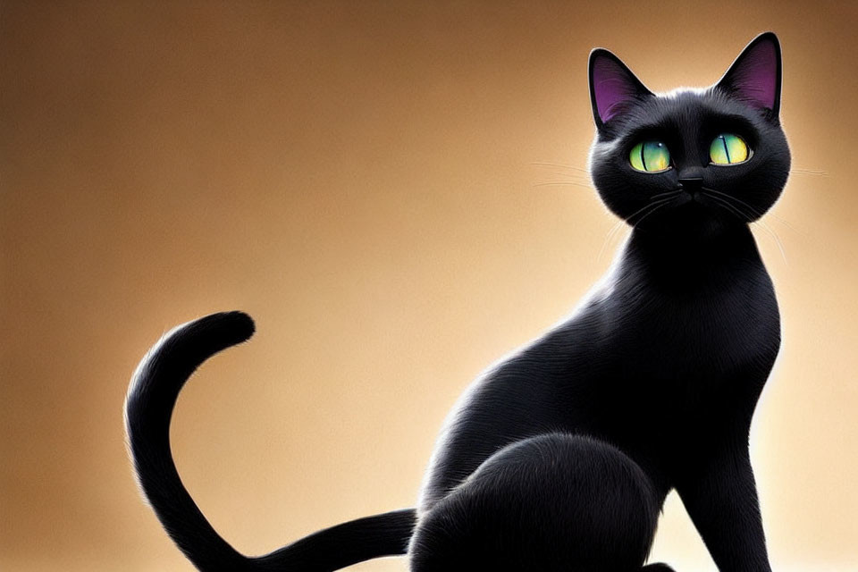 Animated black cat with green eyes on warm brown background