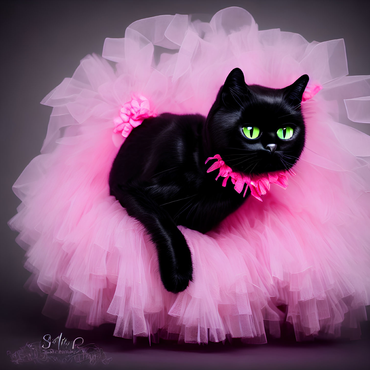 Black Cat with Green Eyes in Pink Tutu and Flower Collar on Dark Background
