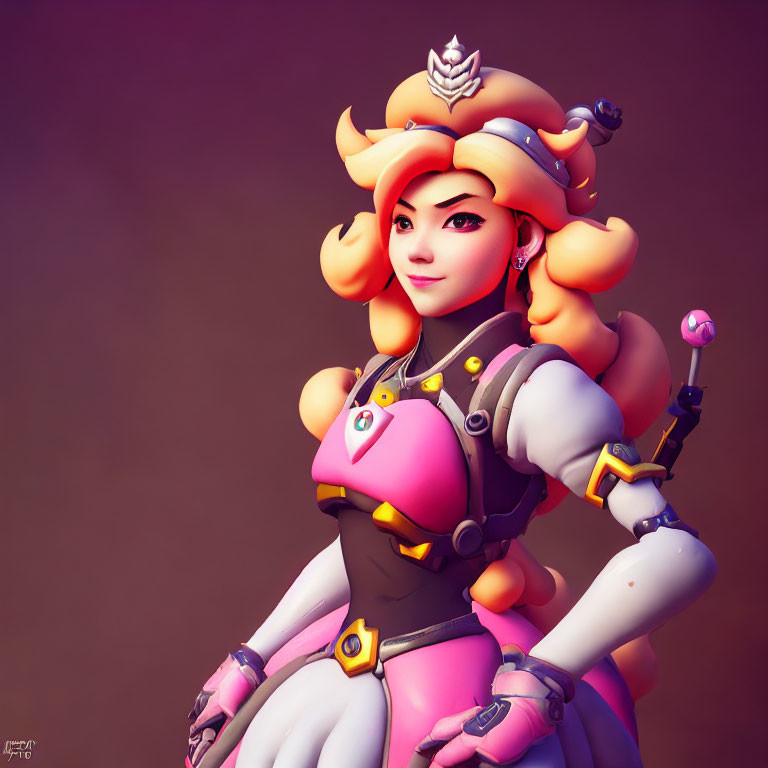 Stylized 3D illustration of female character in orange hair, pink and grey armor, with