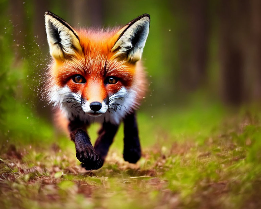 Red fox running in green forest, fur sharply focused.