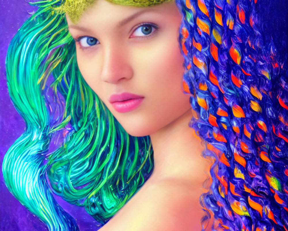 Colorful Digital Portrait of Person with Blue and Purple Hair and Green Head Accessory