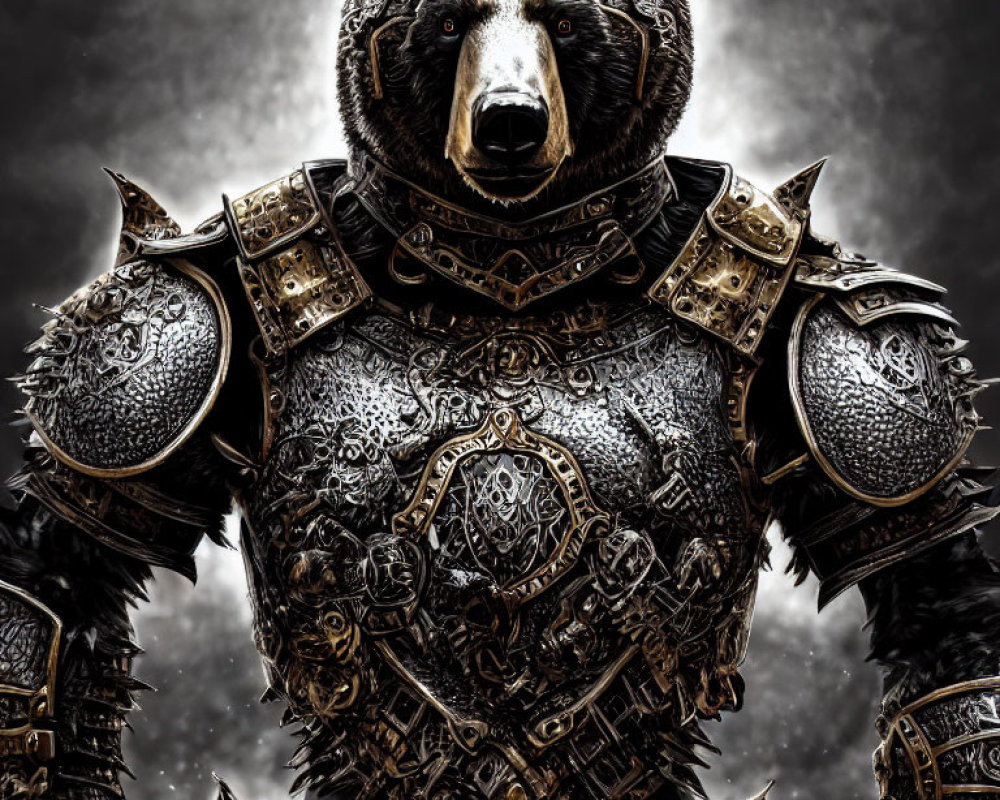 Bear in Medieval Armor Standing Under Cloudy Sky