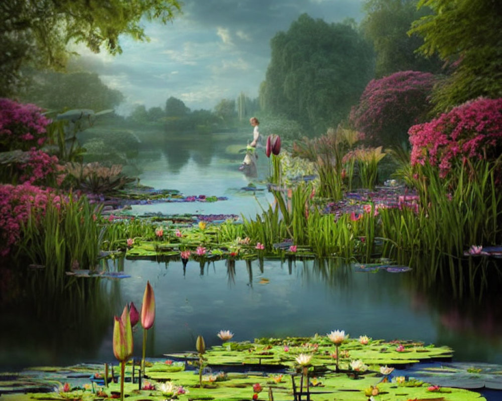 Tranquil landscape with person on boat among water lilies and vibrant flora at twilight