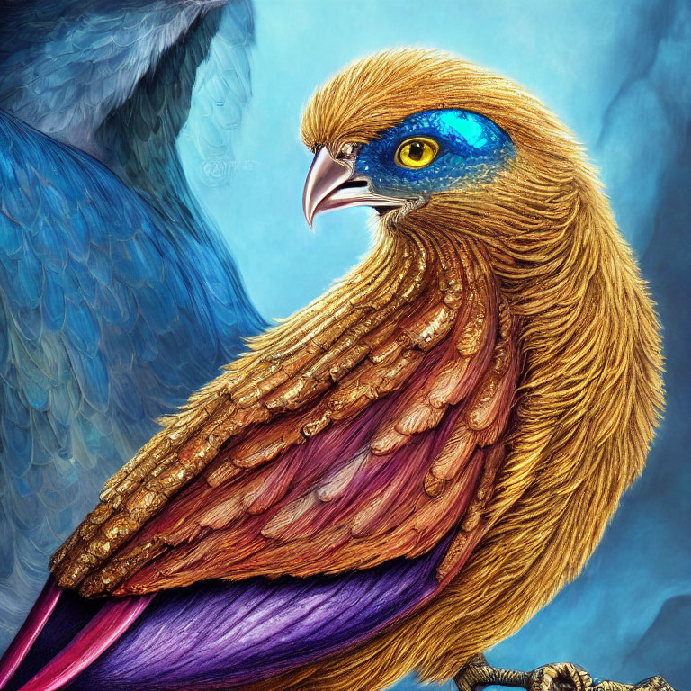 Majestic bird with blue eyes and iridescent plumage