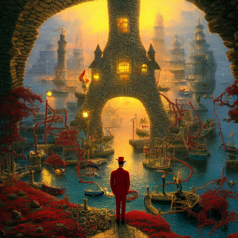 Person in red coat at vibrant port with ships and arch under golden light
