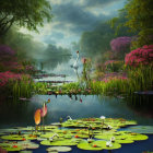 Tranquil landscape with person on boat among water lilies and vibrant flora at twilight