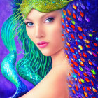 Colorful Digital Portrait of Person with Blue and Purple Hair and Green Head Accessory