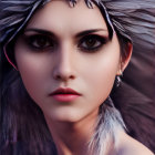 Intense stare of woman with dark eye makeup and feather accessories