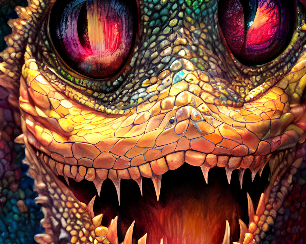 Detailed image of a vibrant, multicolored dinosaur with sharp teeth and red eyes