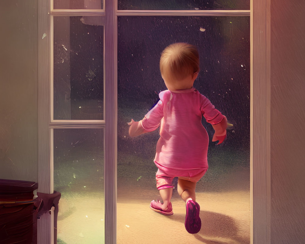 Toddler in Pink Outfit at Open Door Facing Glowing Sunset