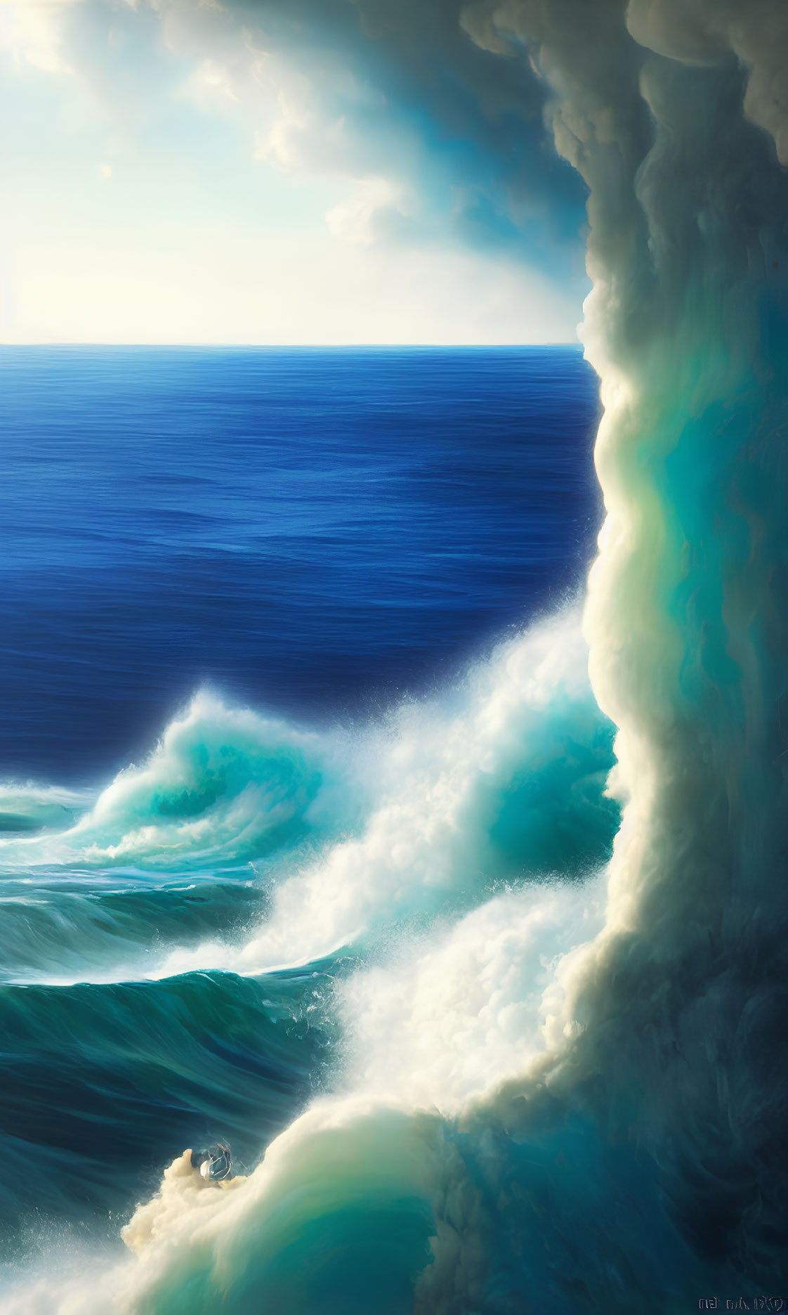 Dramatic ocean scene with towering waves crashing against cliff