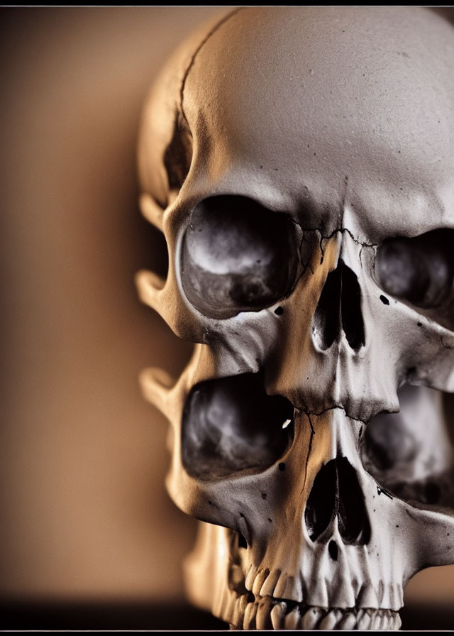 Detailed view of human skull eye sockets and nasal cavity against blurred background
