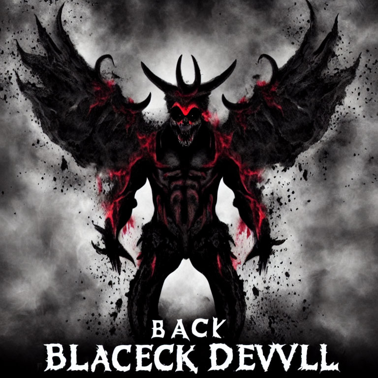 Sinister figure with horns, red eyes, and wings on smoky background with text.