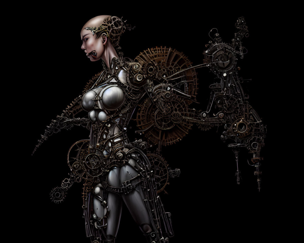 Female steampunk android with gears on dark background