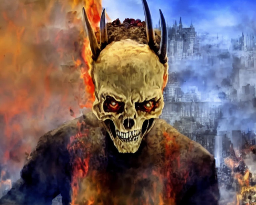Menacing skull with horns in flames over blurred cityscape.