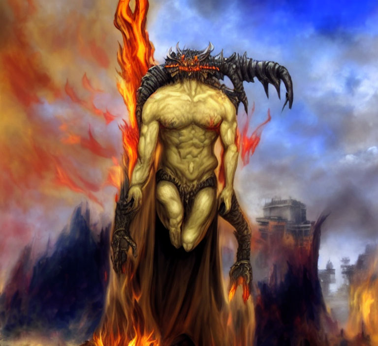 Muscular creature with horned crown in fiery landscape.