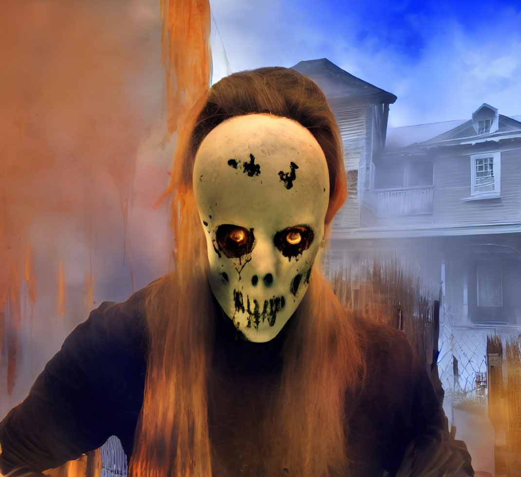 Skull Mask Person in Smoky Background with House and Fire Elements