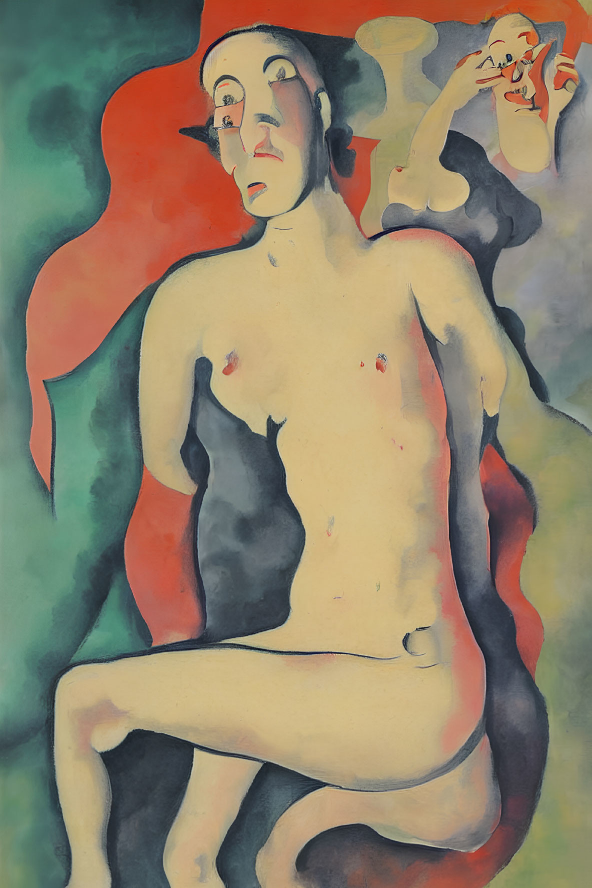 Vibrant abstract painting of seated nude figure with stylized features