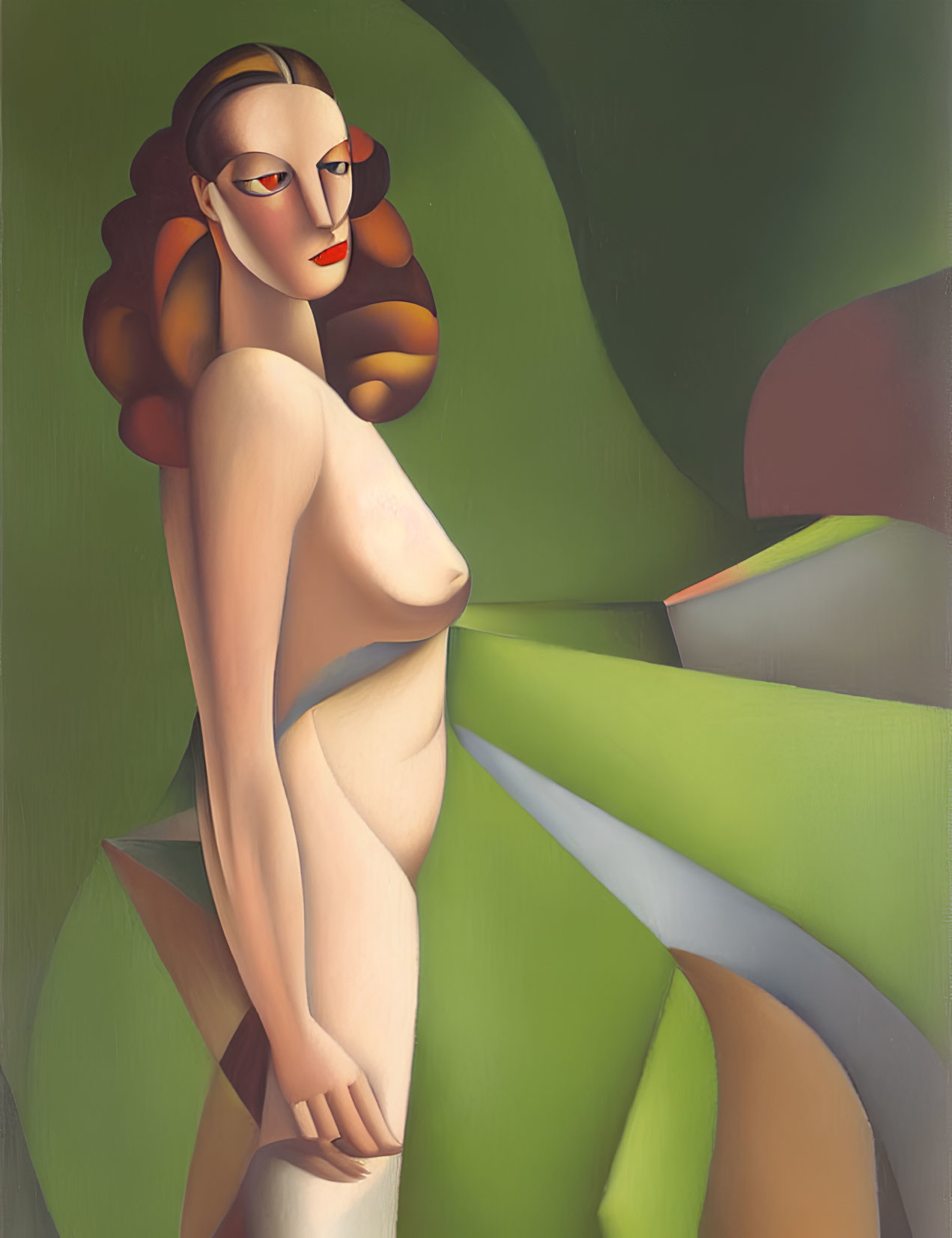 Abstract painting of seated nude female figure with geometric shapes in green hues