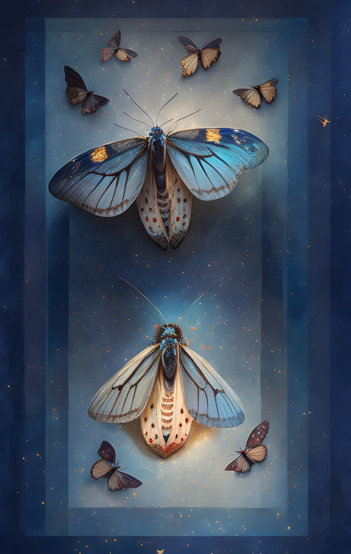 Vibrant moths and butterflies in starry digital art