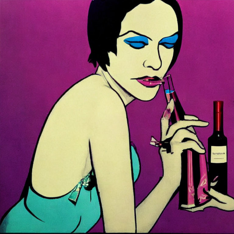 Pop Art Portrait Featuring Person with Blue Eyeshadow, Cigarette, and Wine Bottle